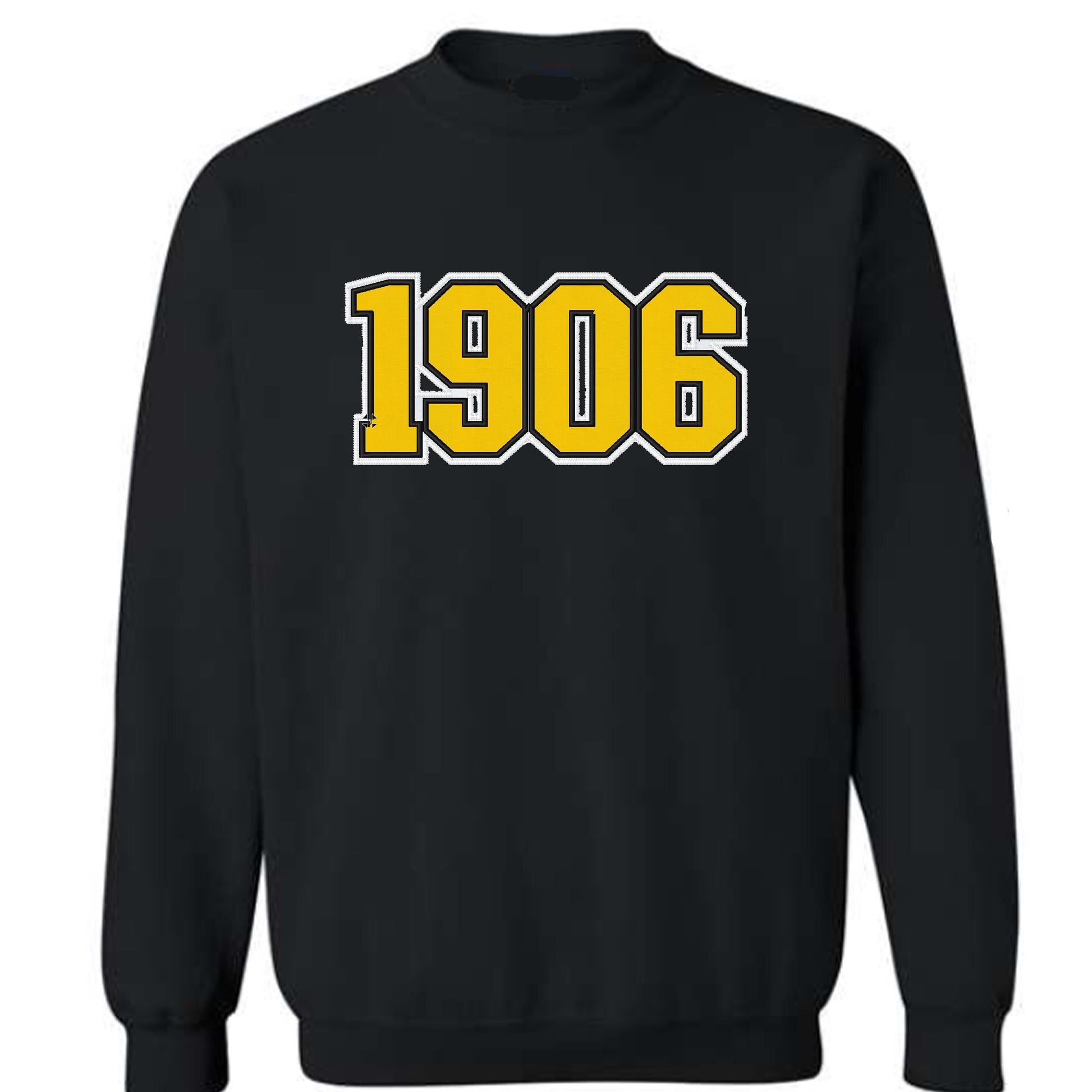 black crewneck sweatshirt with 1906 embroidered across the chest.