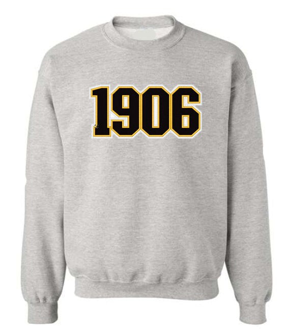 grey crewneck sweatshirt with black 1906 embroidered across the chest.