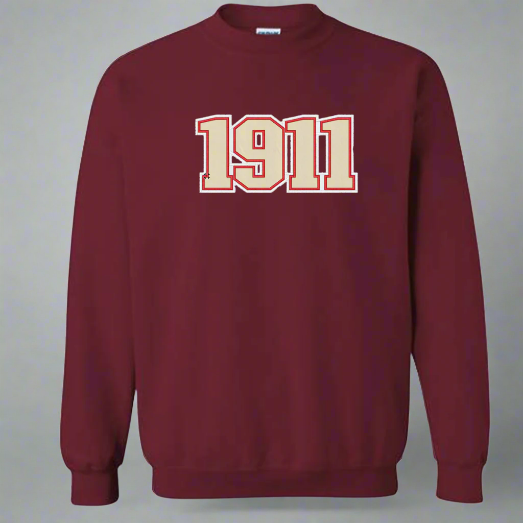 Maroon sweatshirt with '1911' printed on it against a white background