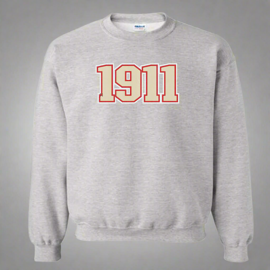 Gray kappa alpha psi sweatshirt with '1911' printed in red on a white background