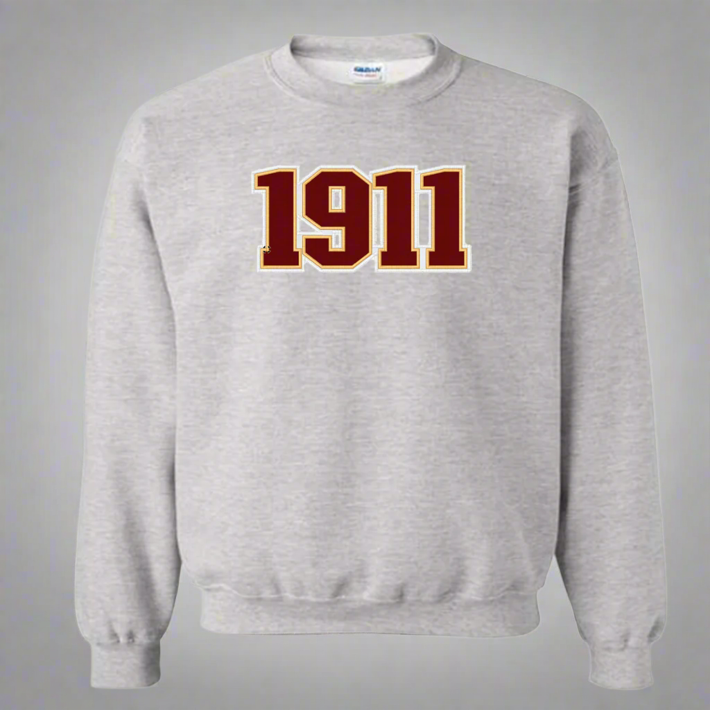 Gray sweatshirt with '1911' embroidered and beige cap with laser engraved patches for kappa alpha psi fraternity