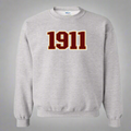 Gray kappa alpha psi sweatshirt with '1911' printed in red and cream on a white background