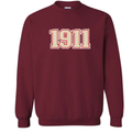 kappa alpha psi crimson crewneck sweatshirt with cream 1911 embroidered across the chest.