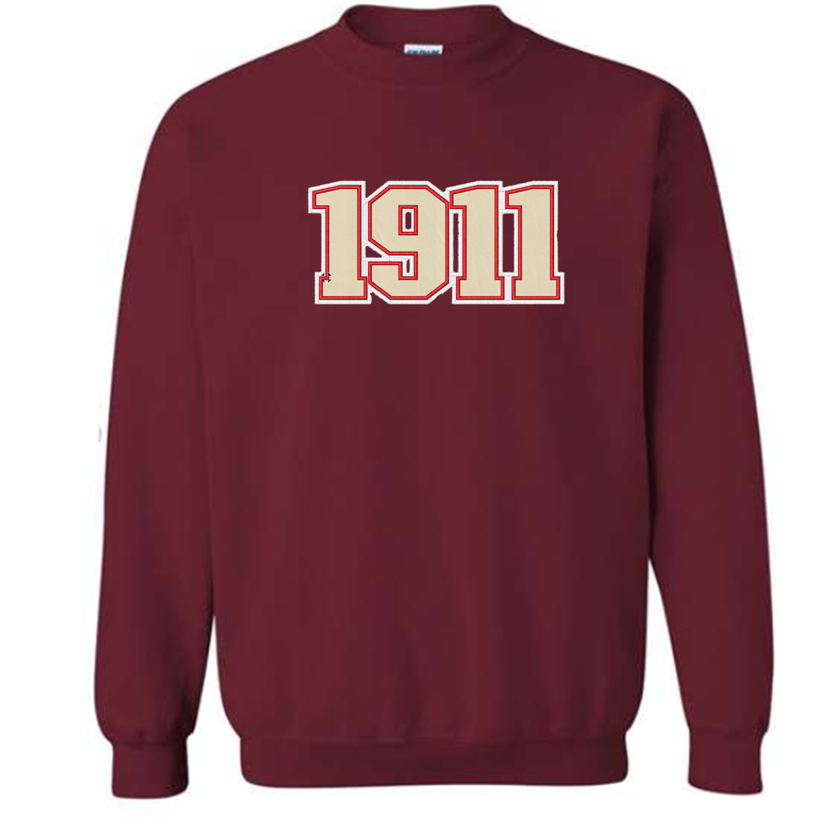 kappa alpha psi crimson crewneck sweatshirt with cream 1911 embroidered across the chest.