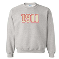 grey crewneck sweatshirt with cream 1911 embroidered across the chest trimmed in garnet