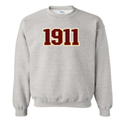 grey crewneck sweatshirt with garnet 1911 embroidered across the chest trimmed in cream.