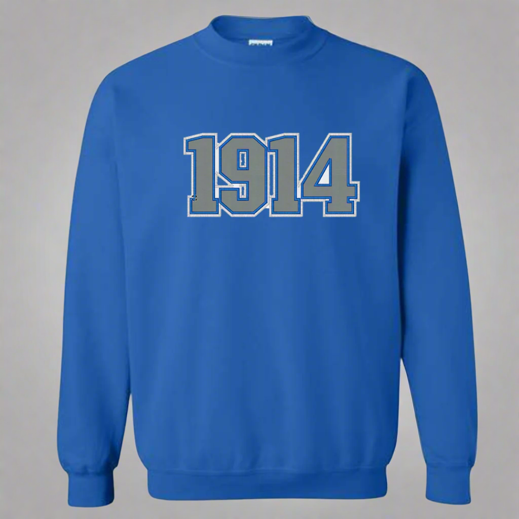 phi beta sigma Blue sweatshirt with '1914' embroidered on it in grey against a white background