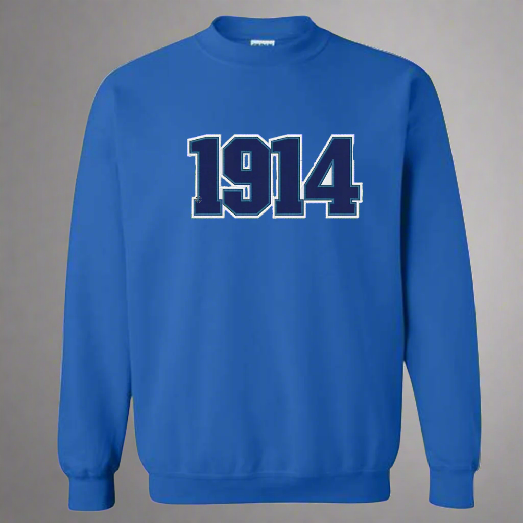 phi beta sigma Blue sweatshirt with '1914' embroidered on a white background