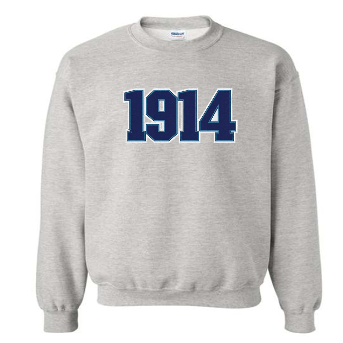 phi beta sigma grey sweatshirt with '1914' embroidered on it in grey against a blue background