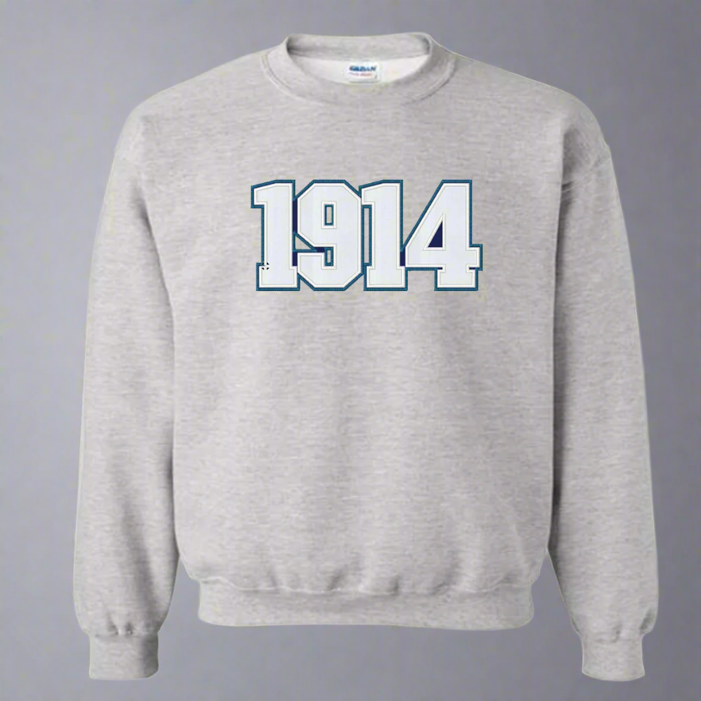 phi beta sigma grey sweatshirt with '1914' embroidered on it in white against a blue background