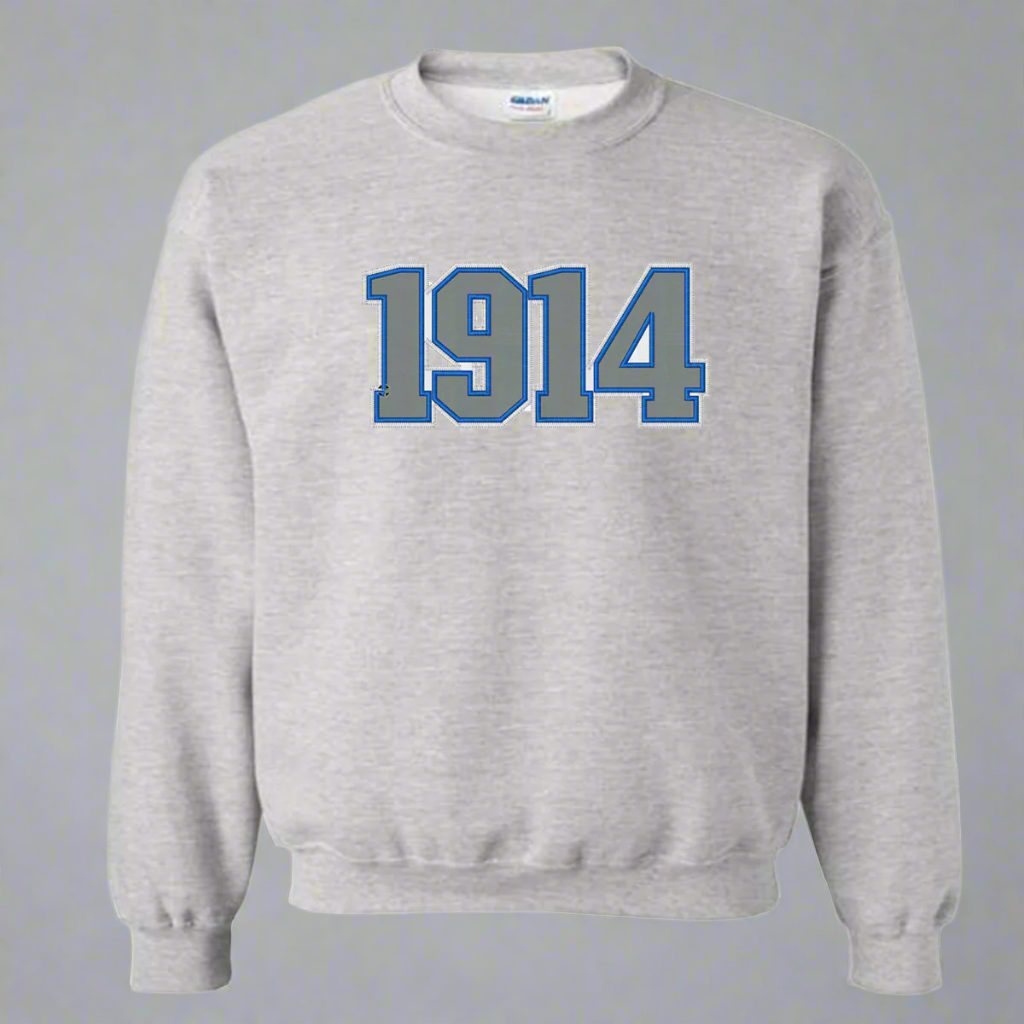 phi beta sigma grey sweatshirt with '1914' embroidered on it in grey against a blue background