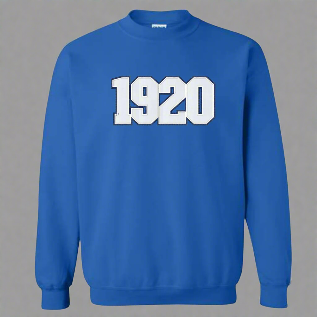 Zeta Phi Beta Blue sweatshirt with '1920' embroidered on it in white against a blue background