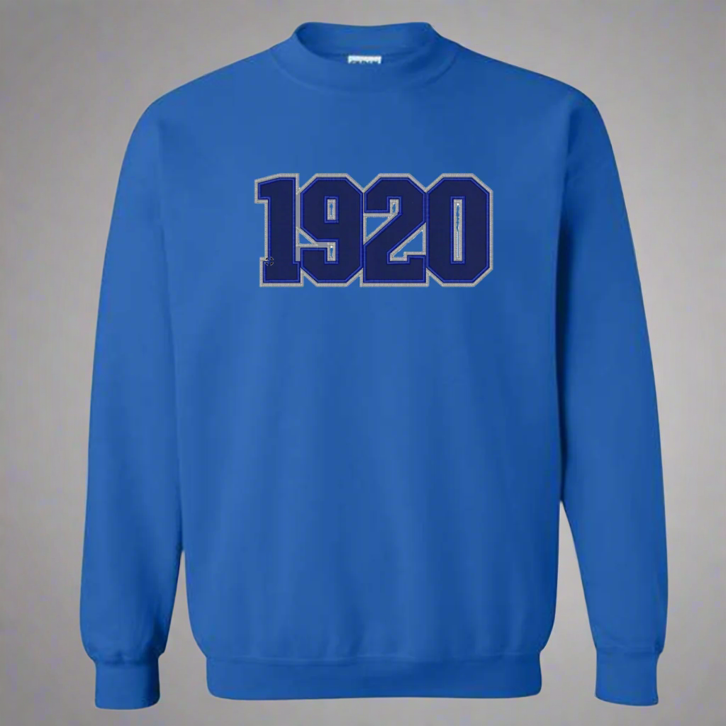 Zeta Phi Beta Blue sweatshirt with '1920' embroidered on it in blue against a white background