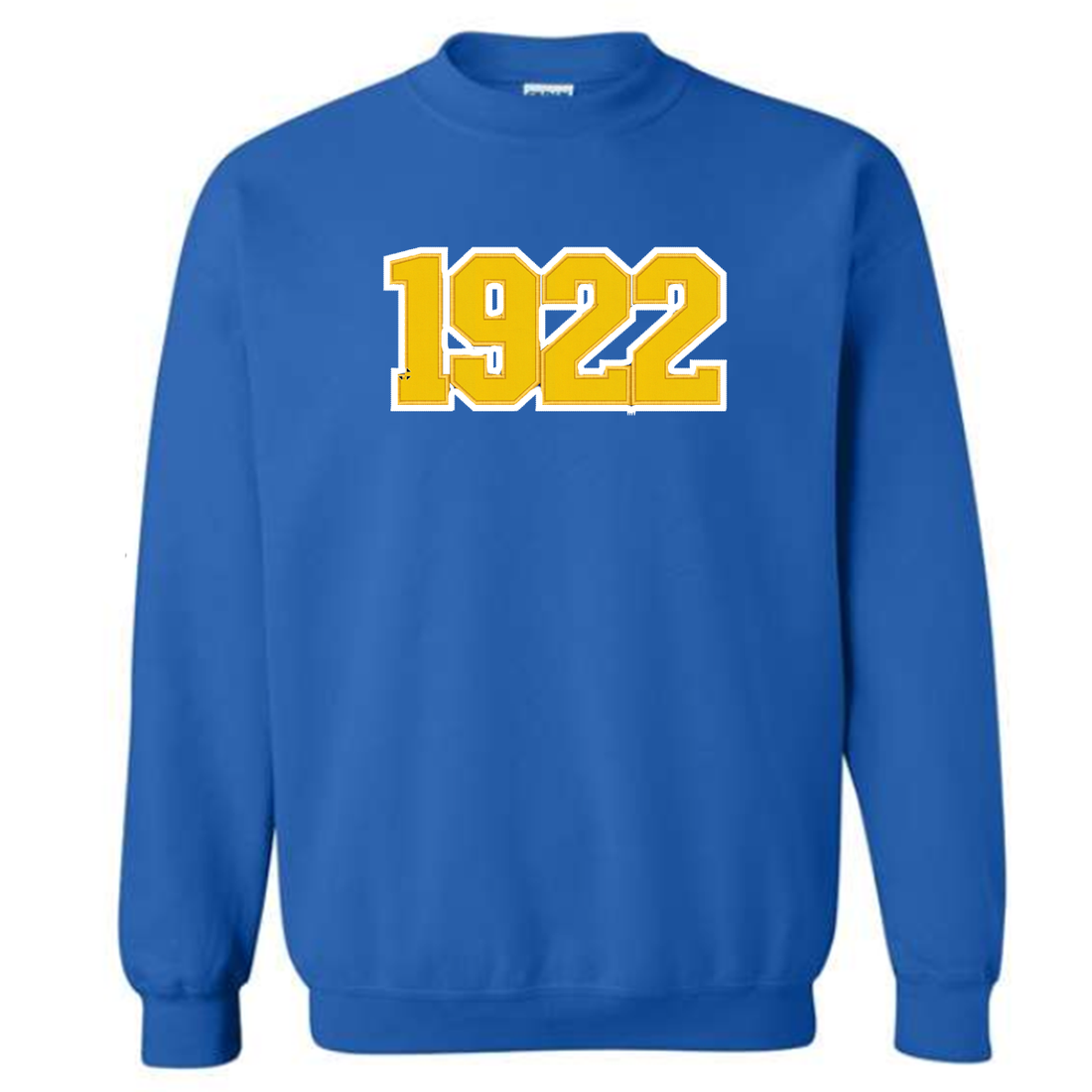 Sigma Gamma Rho Blue sweatshirt with '1922' embroidered on it in gold against a white background