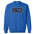 Sigma Gamma Rho Blue sweatshirt with '1922' embroidered on it in blue against a gold background