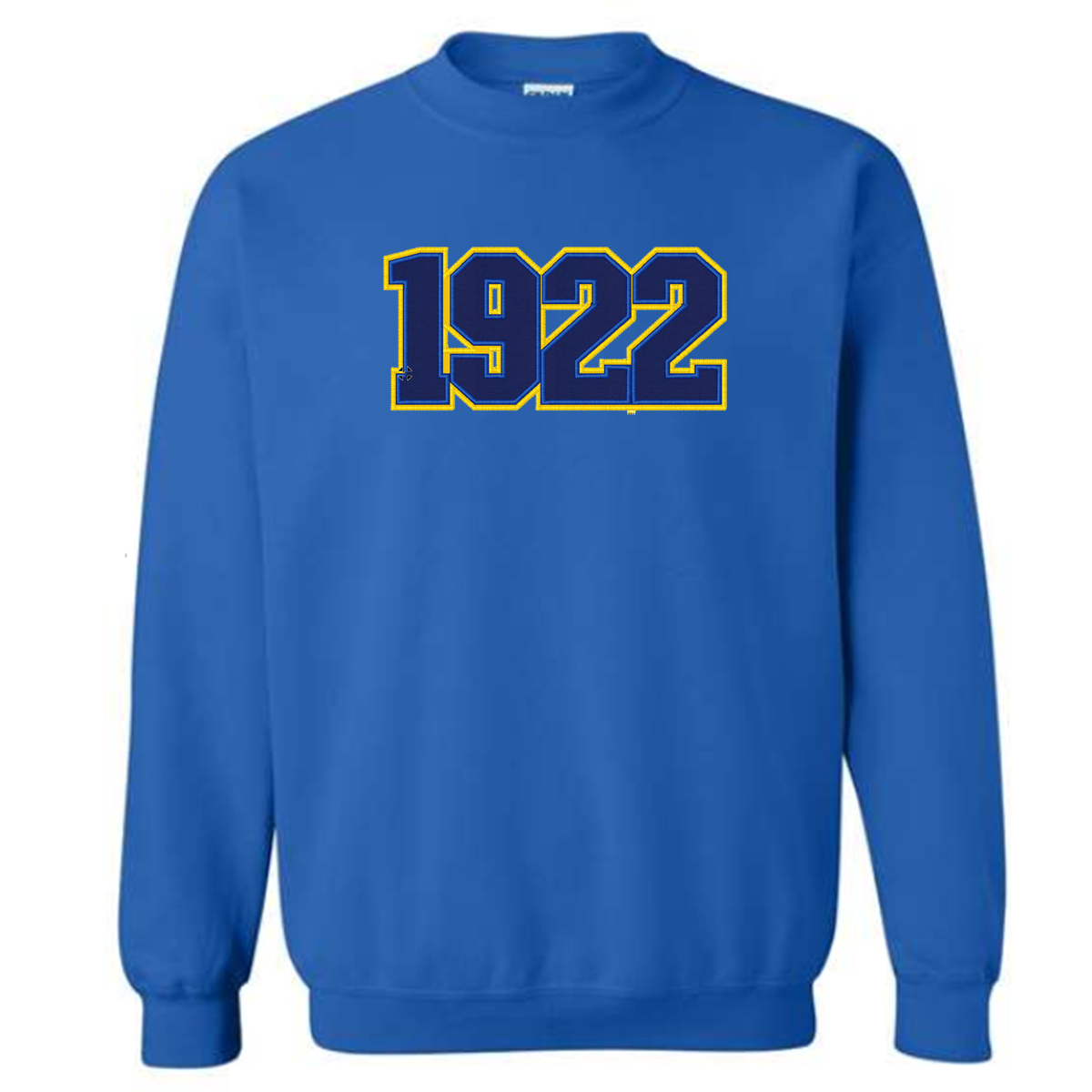 Sigma Gamma Rho Blue sweatshirt with '1922' embroidered on it in blue against a gold background