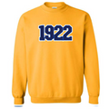 Sigma Gamma Rho gold sweatshirt with '1922' embroidered on it in blue against a white background