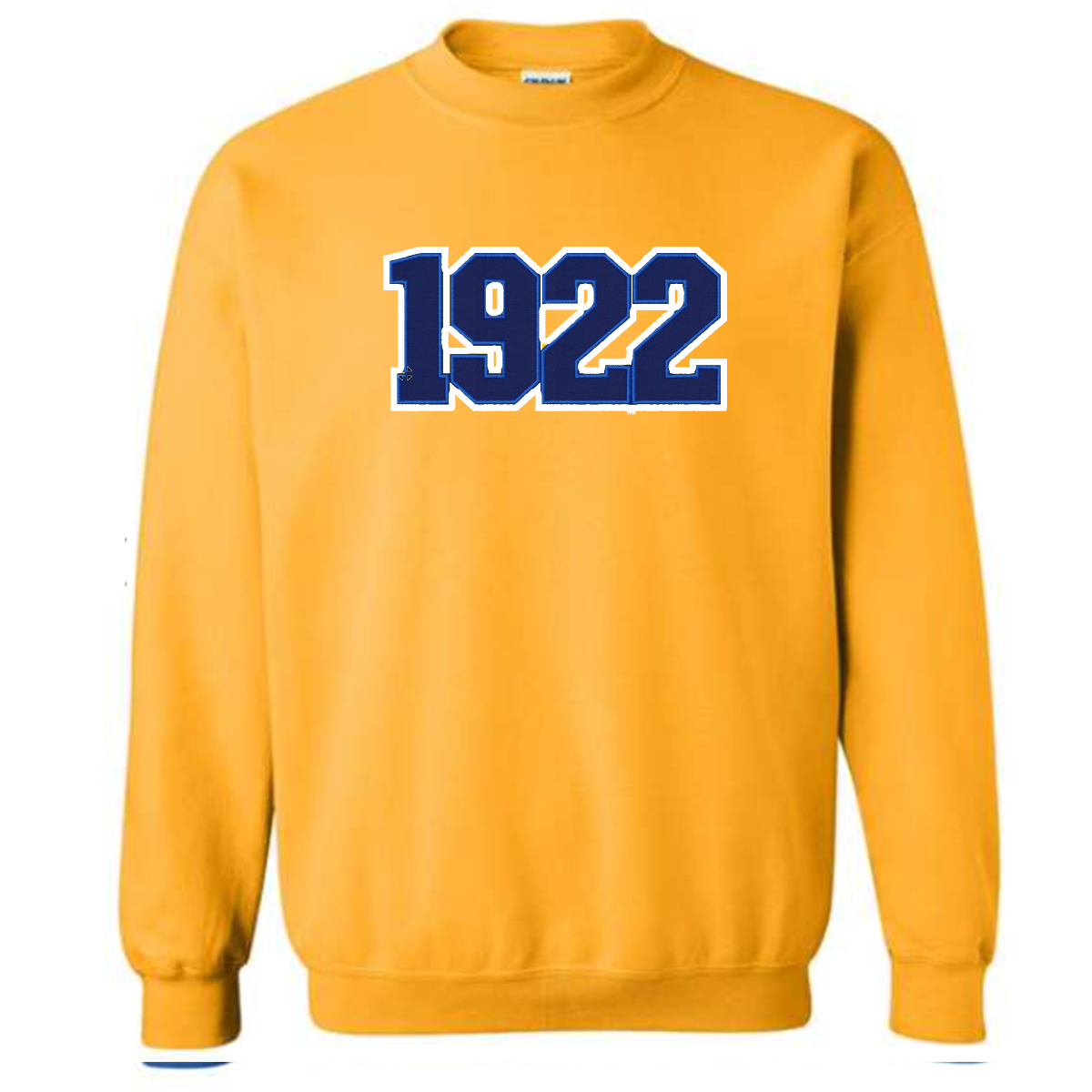 Sigma Gamma Rho gold sweatshirt with '1922' embroidered on it in blue against a white background