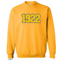 Sigma Gamma Rho gold sweatshirt with '1922' embroidered on it in gold against a blue background