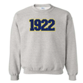 Sigma Gamma Rho grey sweatshirt with '1922' embroidered on it in blue against a gold background