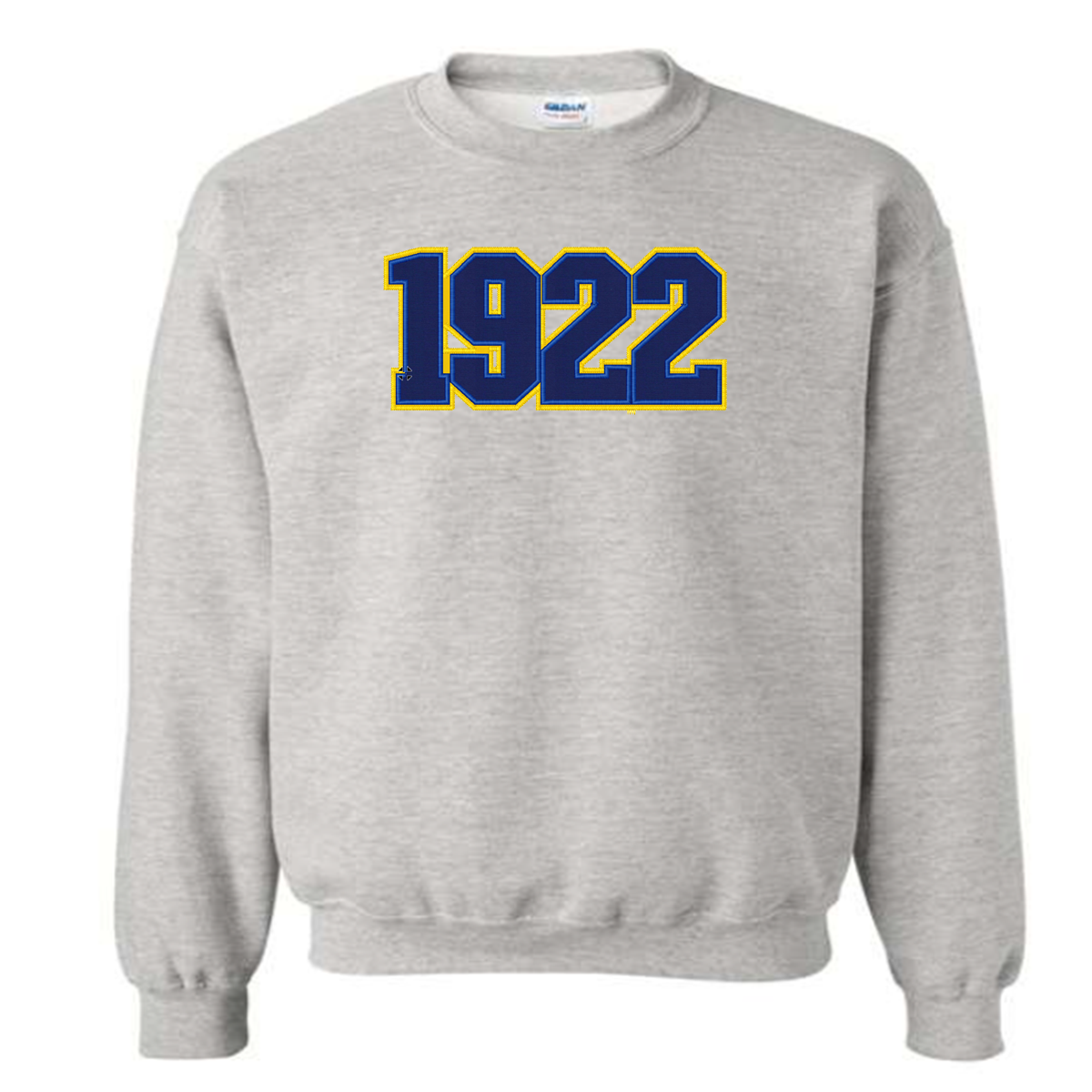 Sigma Gamma Rho grey sweatshirt with '1922' embroidered on it in blue against a gold background