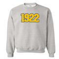 Sigma Gamma Rho grey sweatshirt with '1922' embroidered on it in gold against a blue background