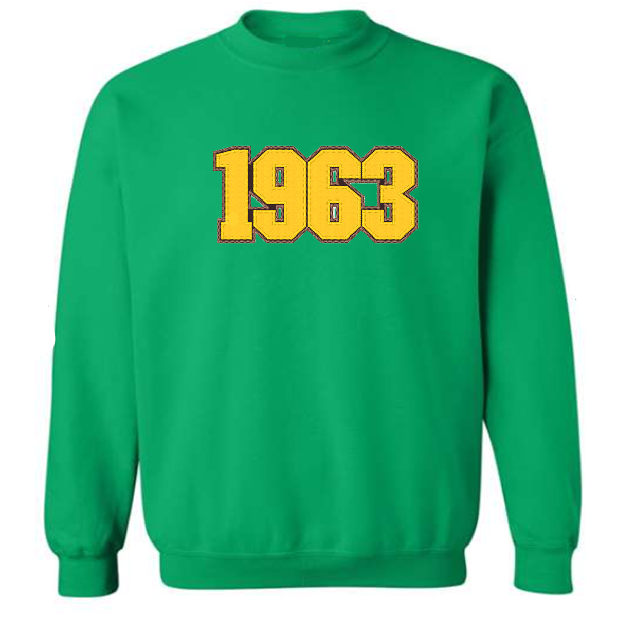 Iota Phi Theta green sweatshirt with '1963' embroidered on it in gold against a brown background