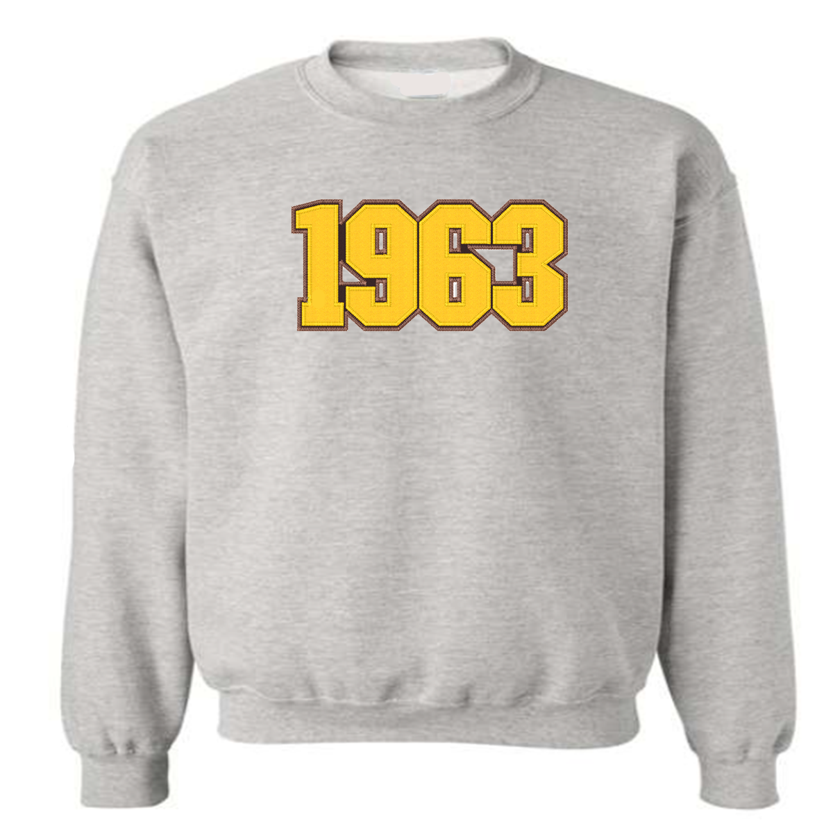 Iota Phi Theta grey sweatshirt with '1963' embroidered on it in gold against a brown background