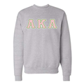 Gray sweatshirt with 'AKA' letters in pink and green on a white background