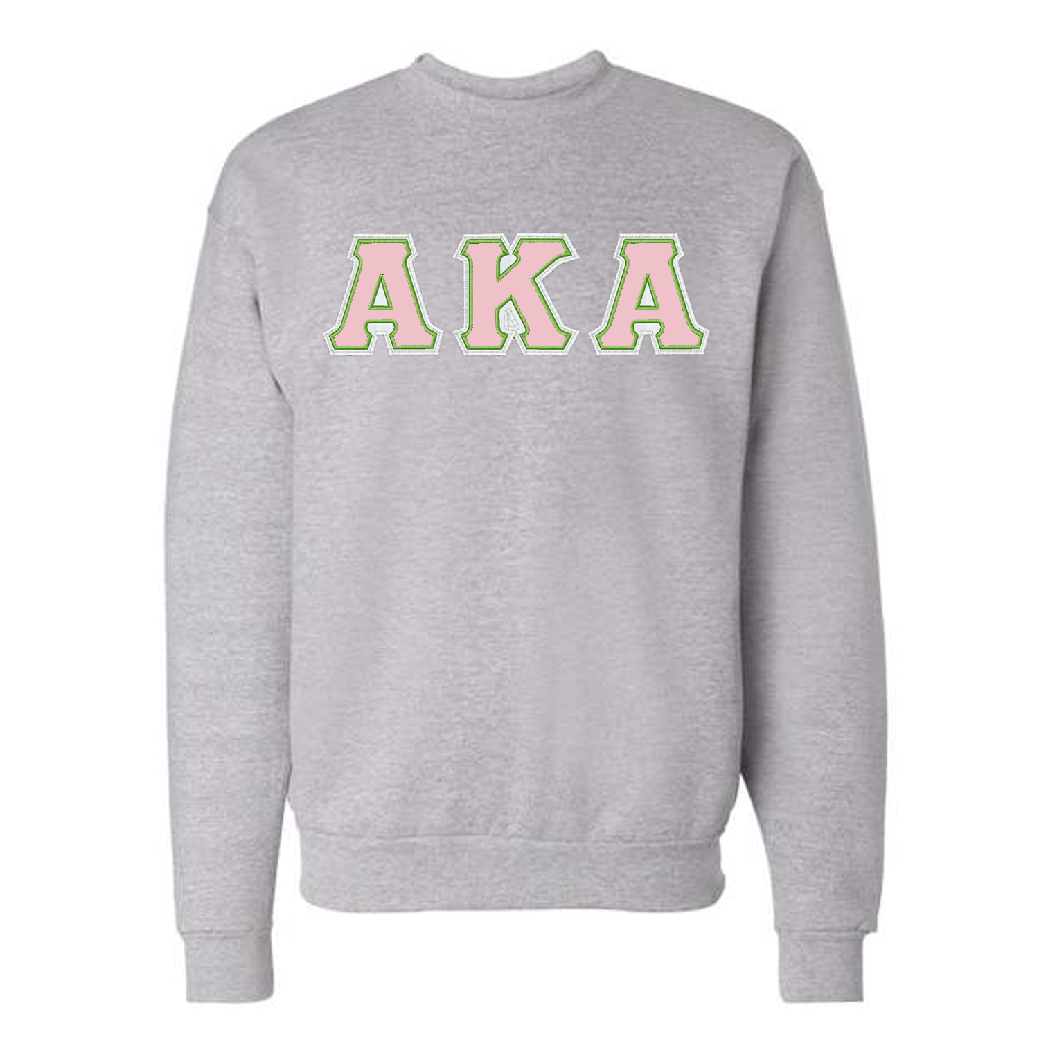 Gray sweatshirt with 'AKA' letters in pink and green on a white background