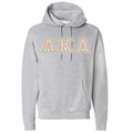 Gray hoodie with 'AKA' letters in pink and green on a white background