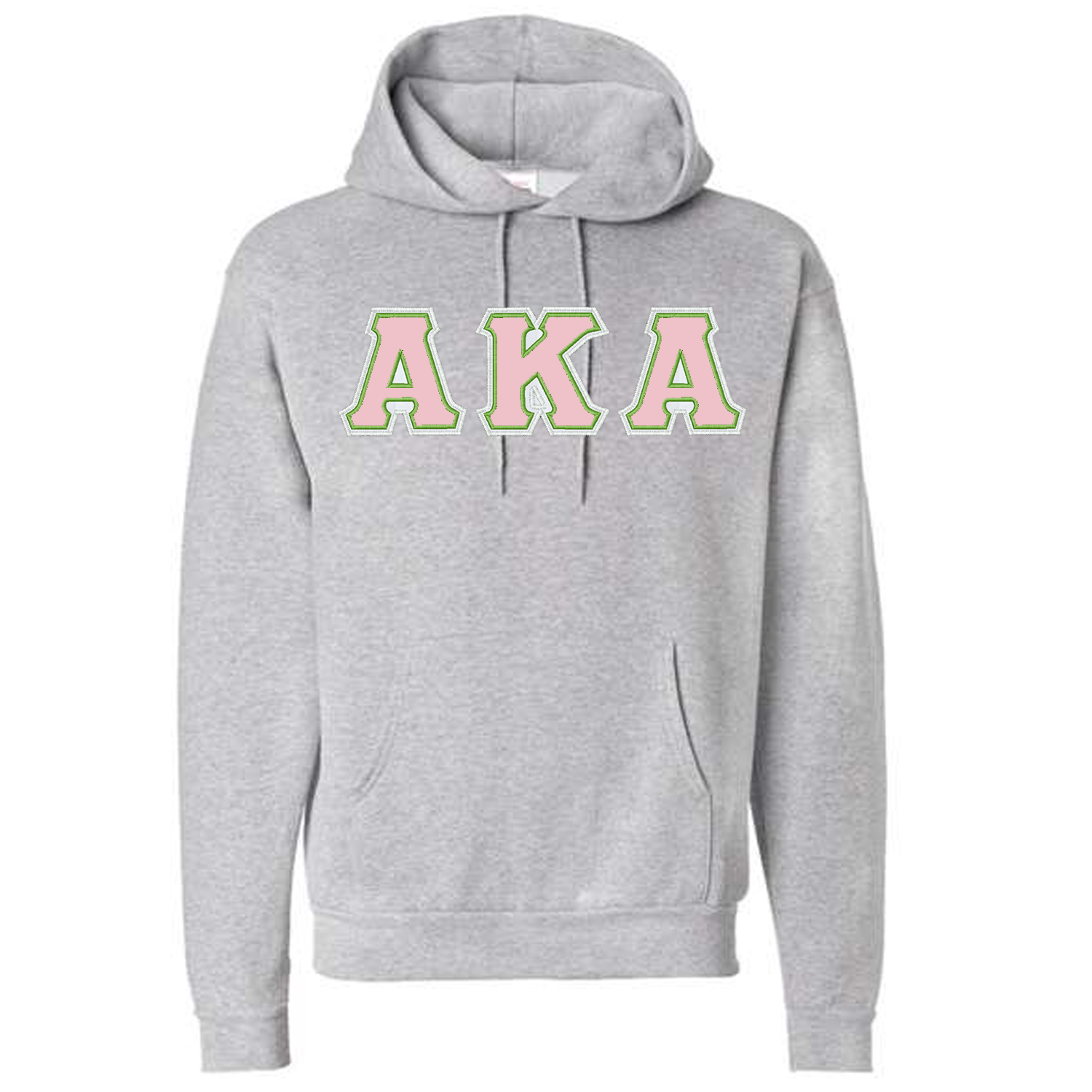 Gray hoodie with 'AKA' letters in pink and green on a white background