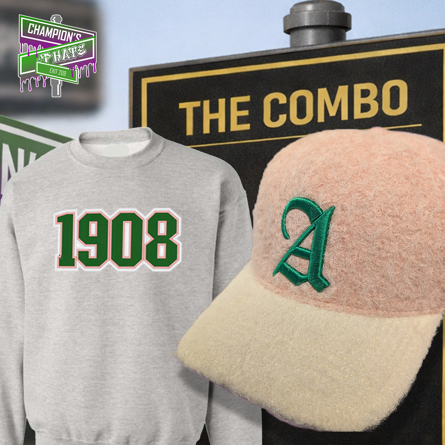 Gray sweatshirt with '1908' and a pink hat with a green A
