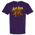 Purple t-shirt with 'Aiya Aiya' text and  hooked hands 