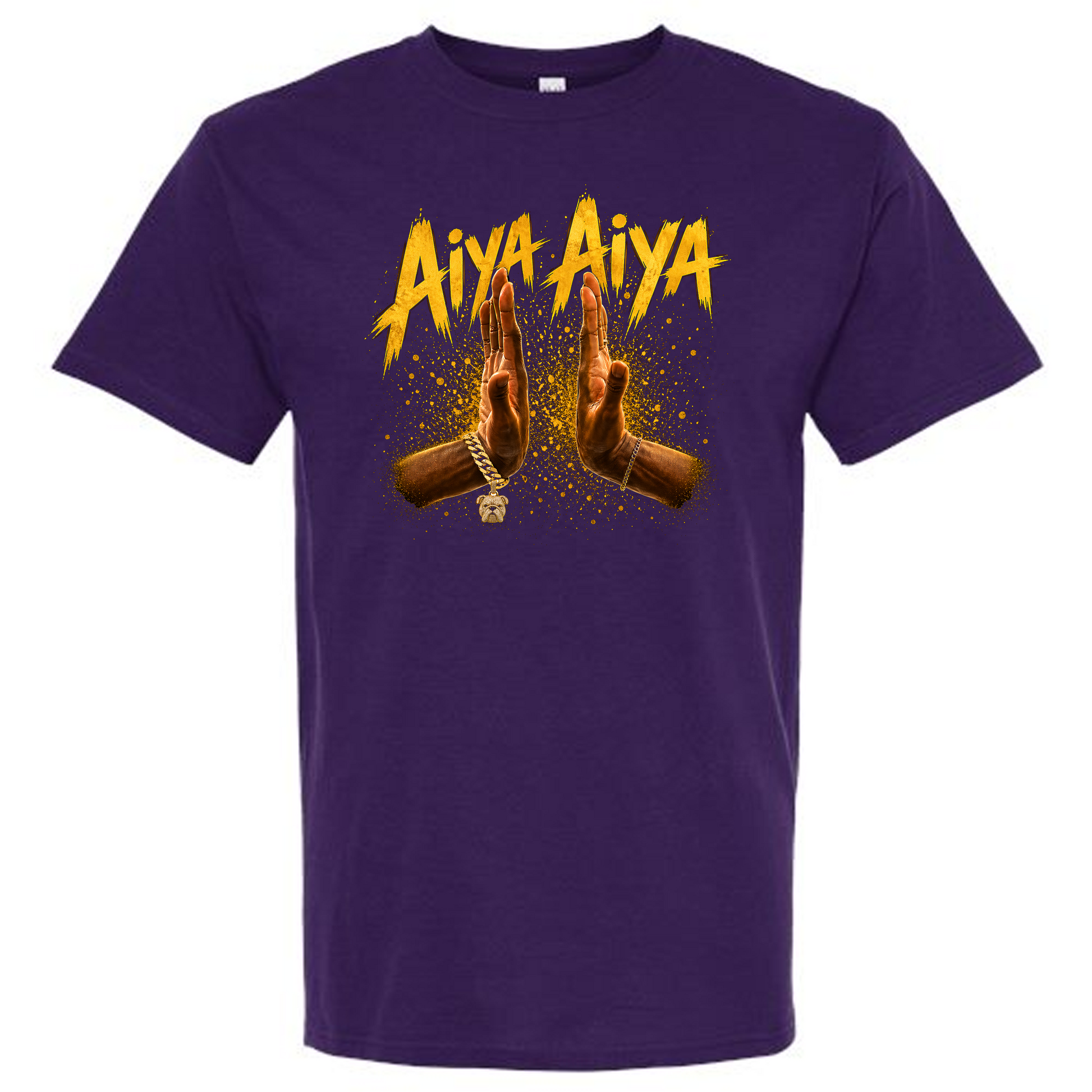 Purple t-shirt with 'Aiya Aiya' text and  hooked hands 