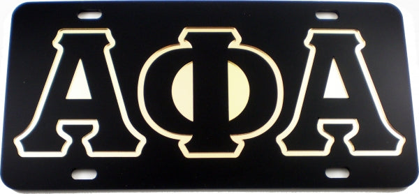 Black license plate with silver Greek letters Alpha Phi Alpha