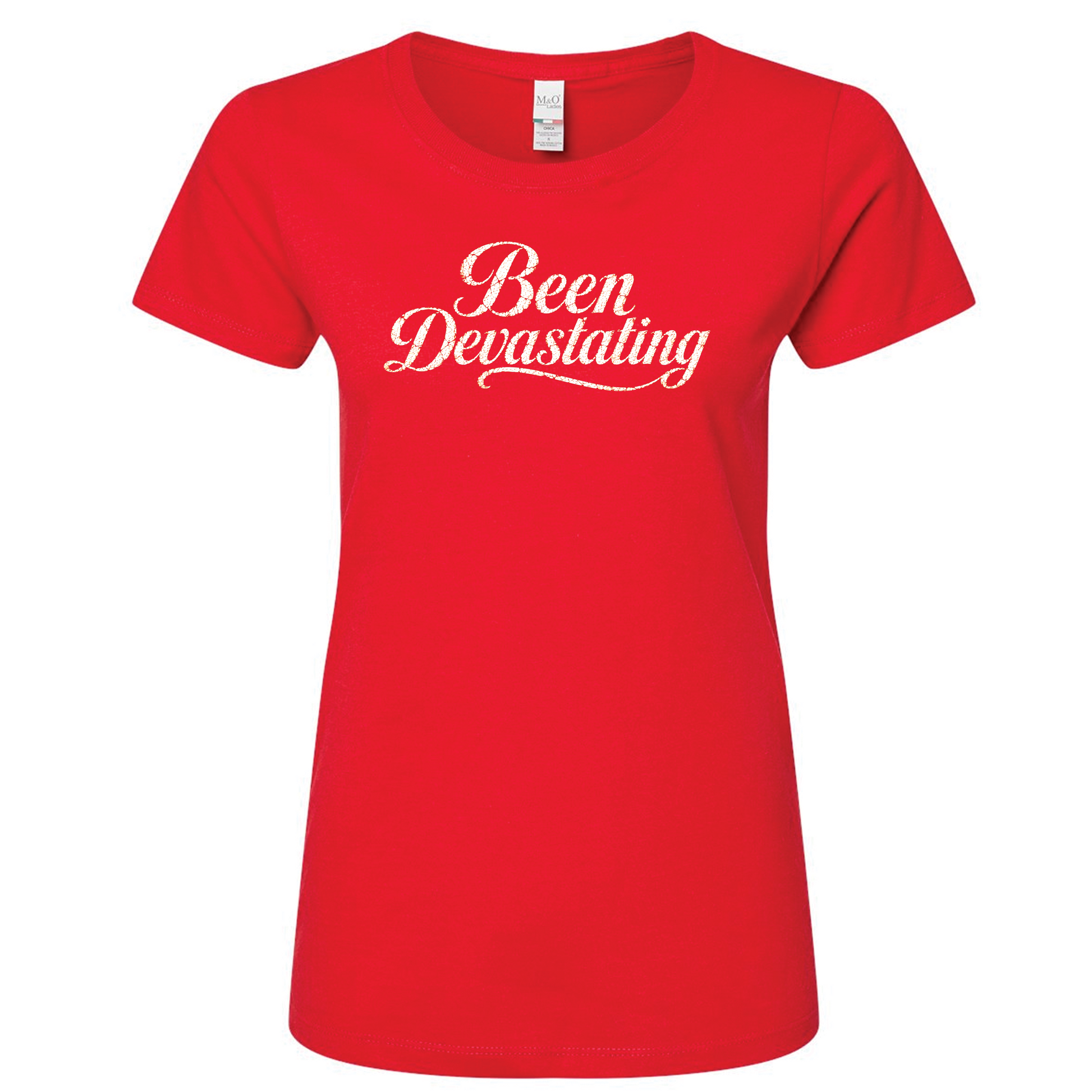 Red t-shirt with 'Been Devastating' text on a white background