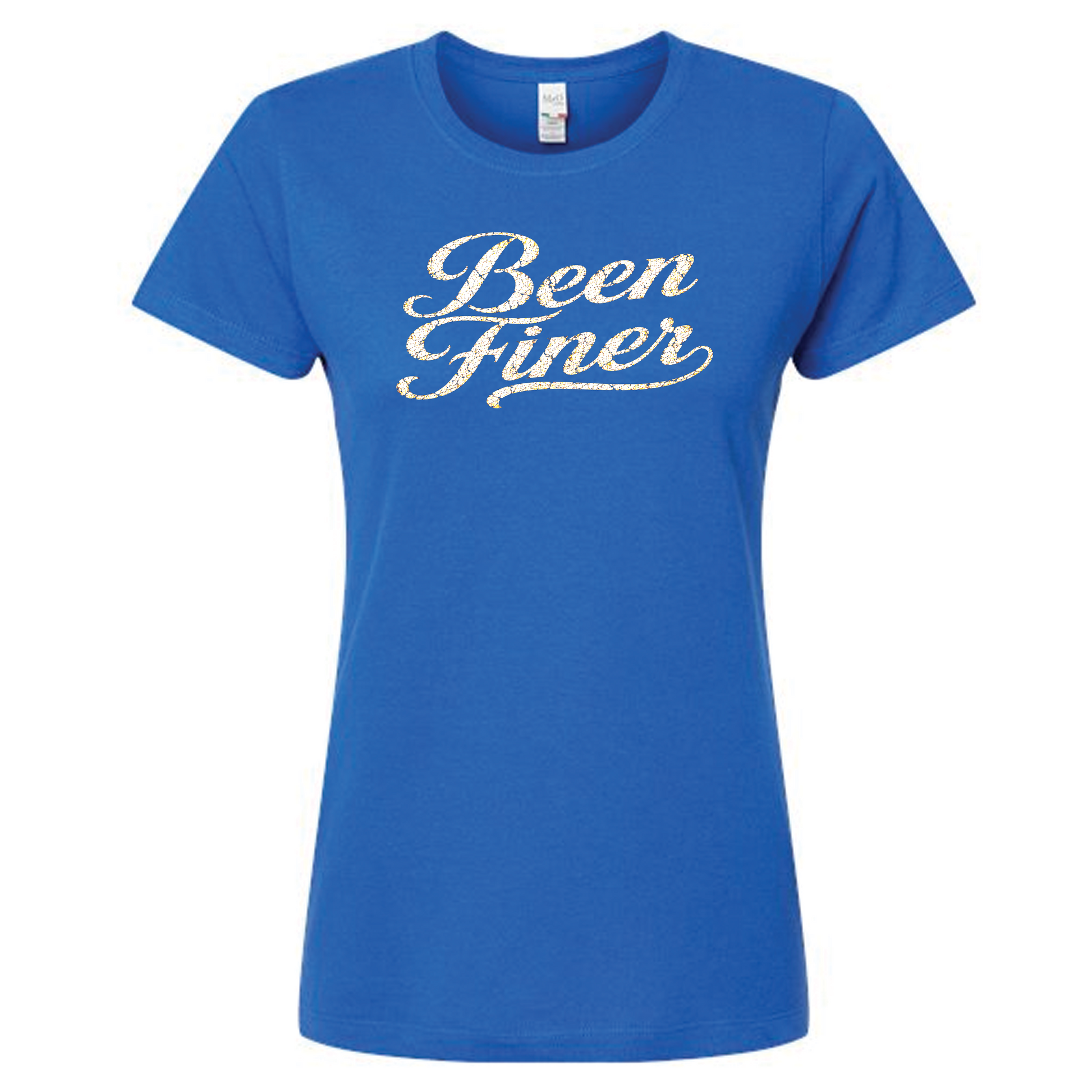 Blue t-shirt with 'Been Finer' text on a chest