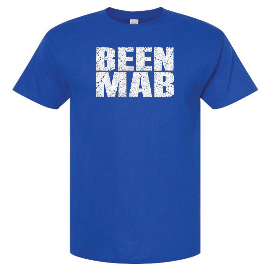 Blue t-shirt with 'BEEN MAB' text on a chest