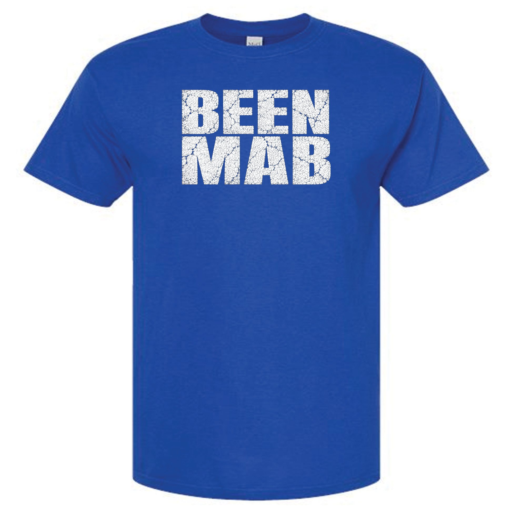 Blue t-shirt with 'BEEN MAB' text on a chest