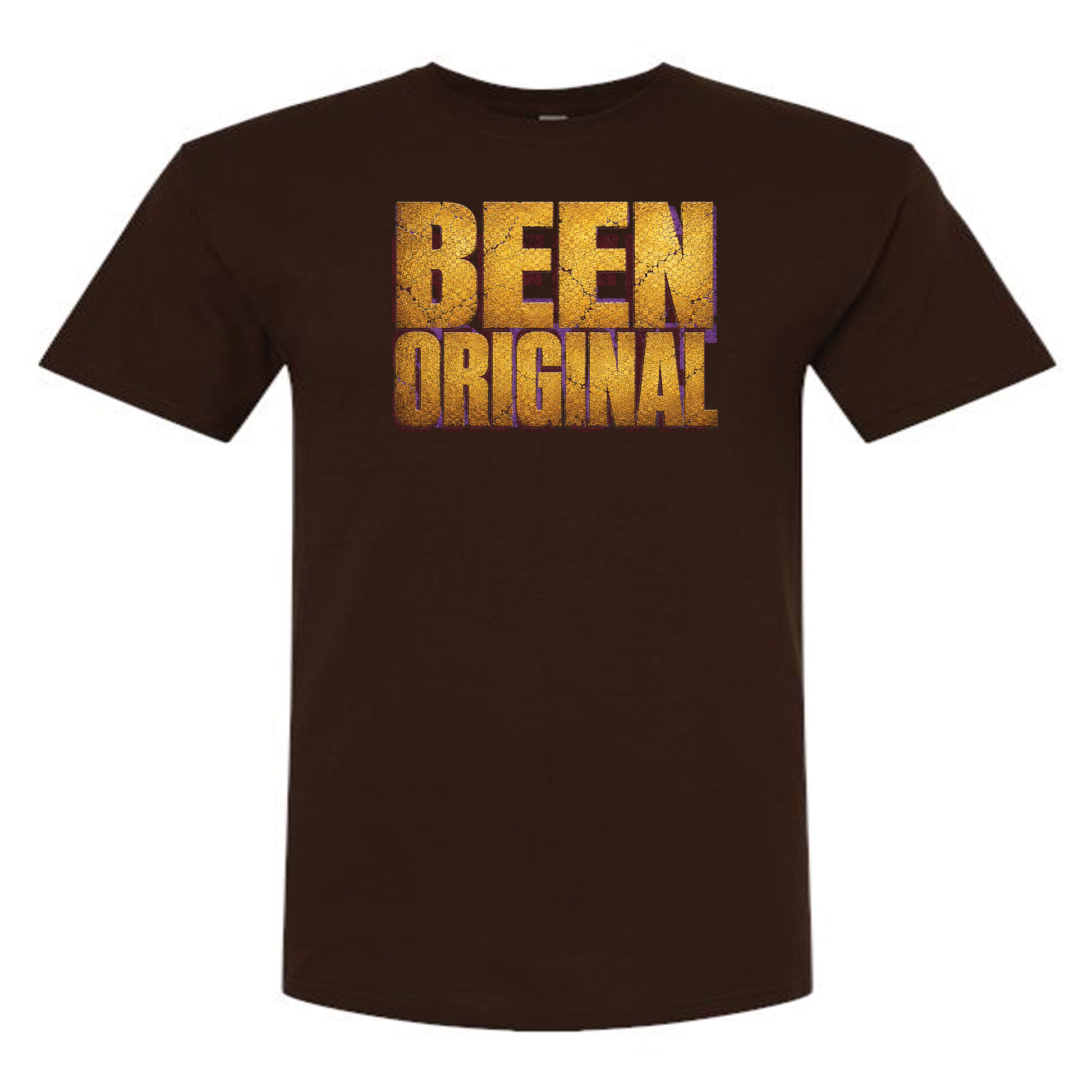 Brown t-shirt with 'BEEN ORIGINAL' text in gold on chest
