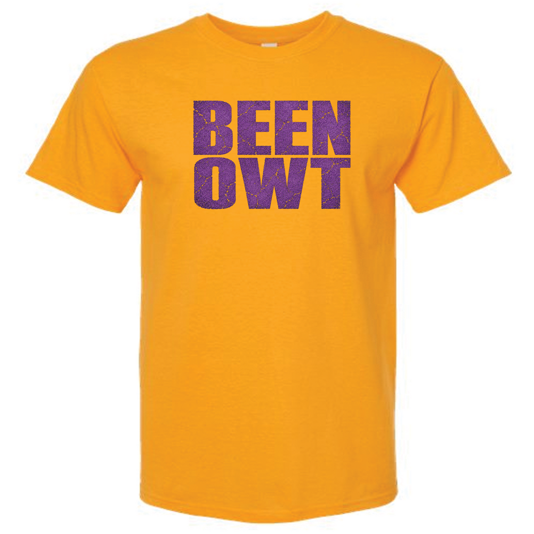 Yellow t-shirt with purple text 'BEEN OWT' on chest