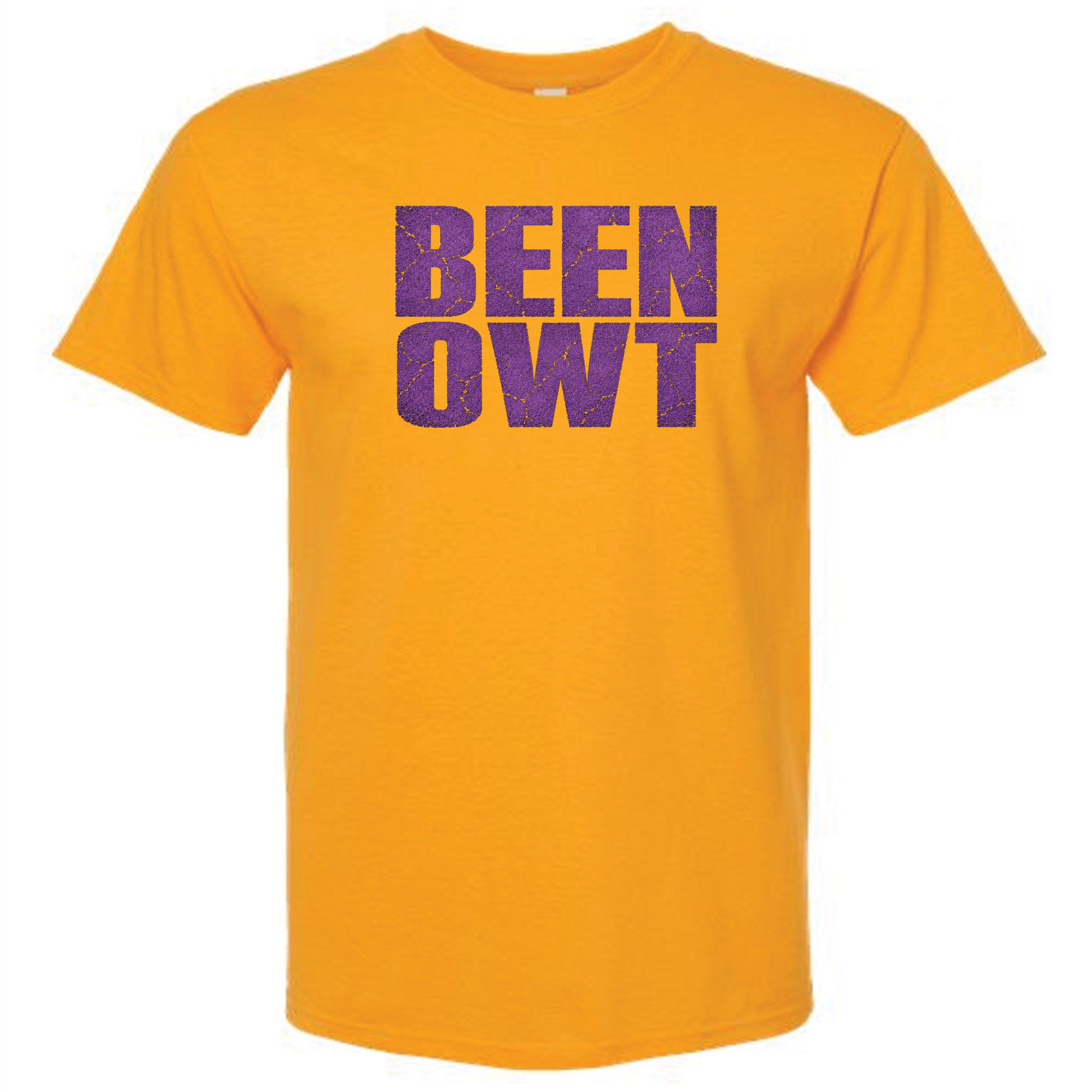 Yellow t-shirt with purple text 'BEEN OWT' on chest