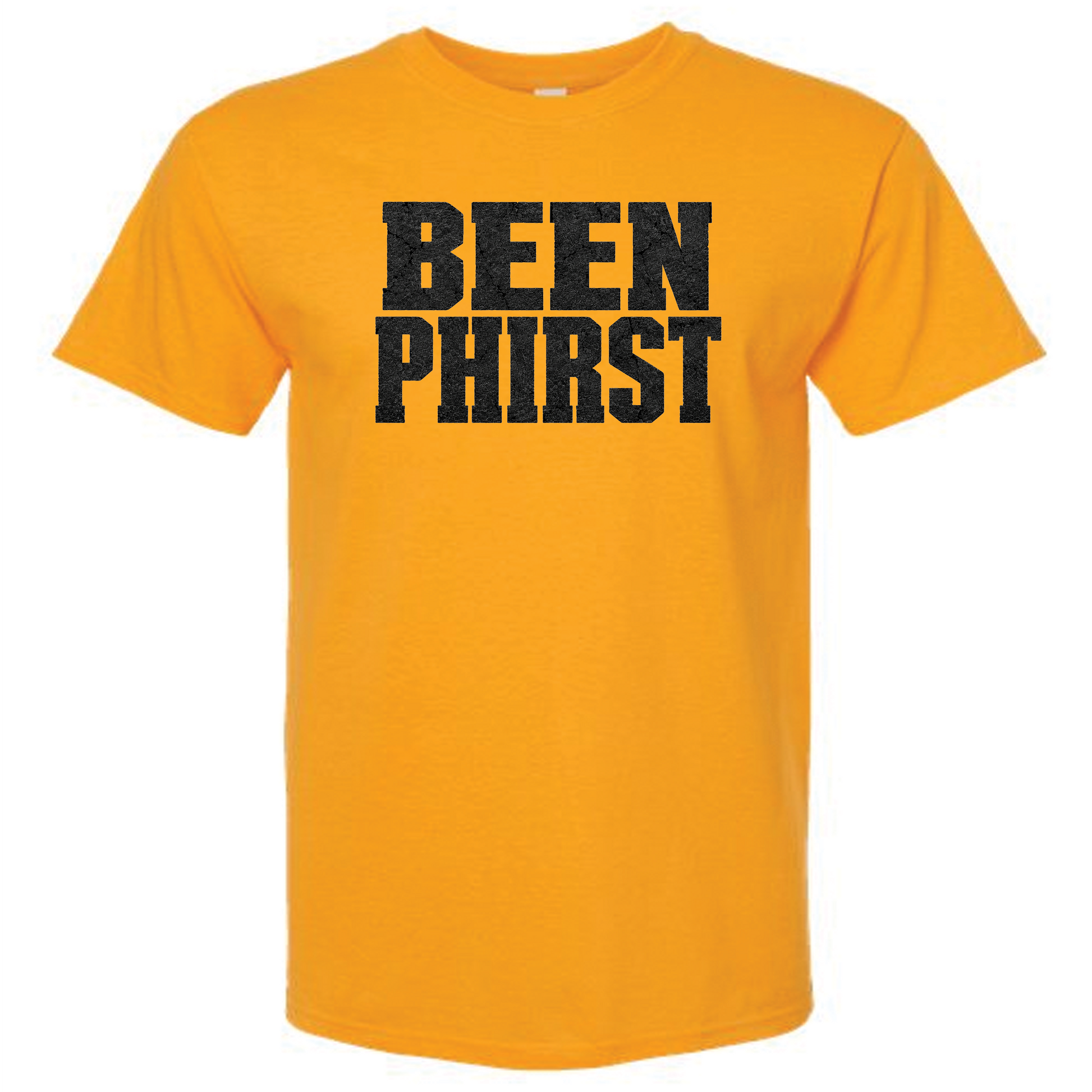 Yellow t-shirt with 'BEEN PHIRST' text on chest