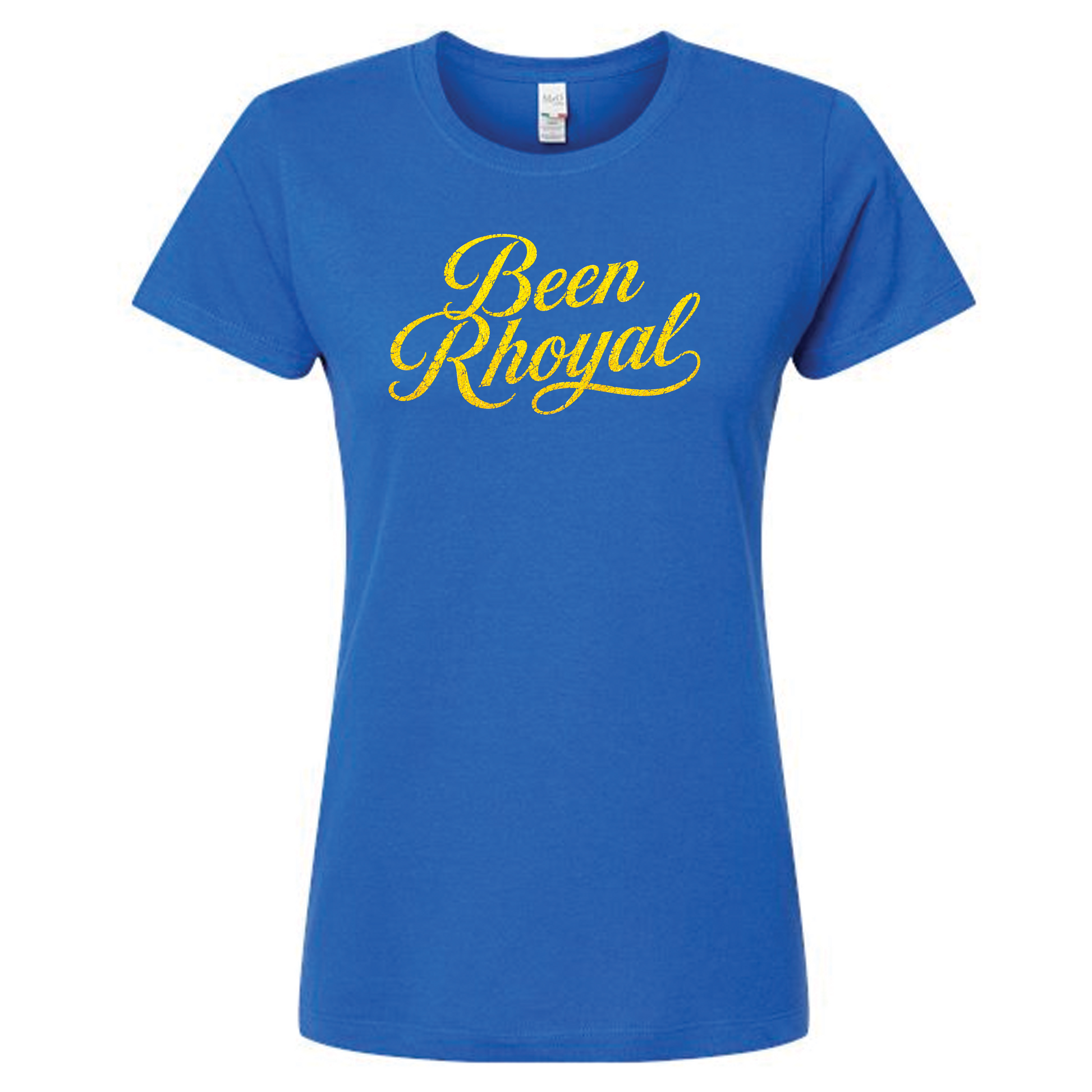 Blue t-shirt with 'Been Rhoyal' text in yellow 