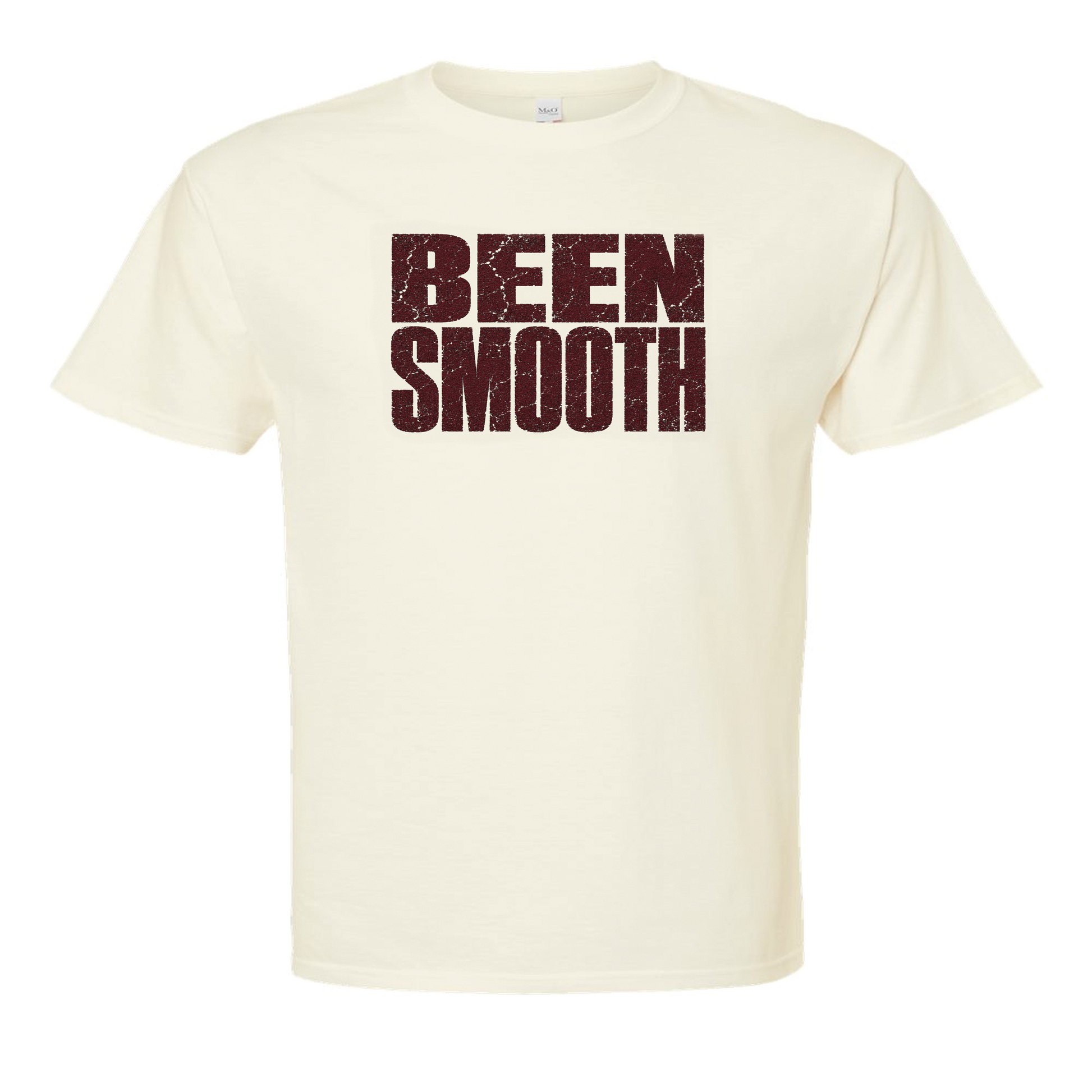 Beige t-shirt with 'BEEN SMOOTH' text in brown on a white background