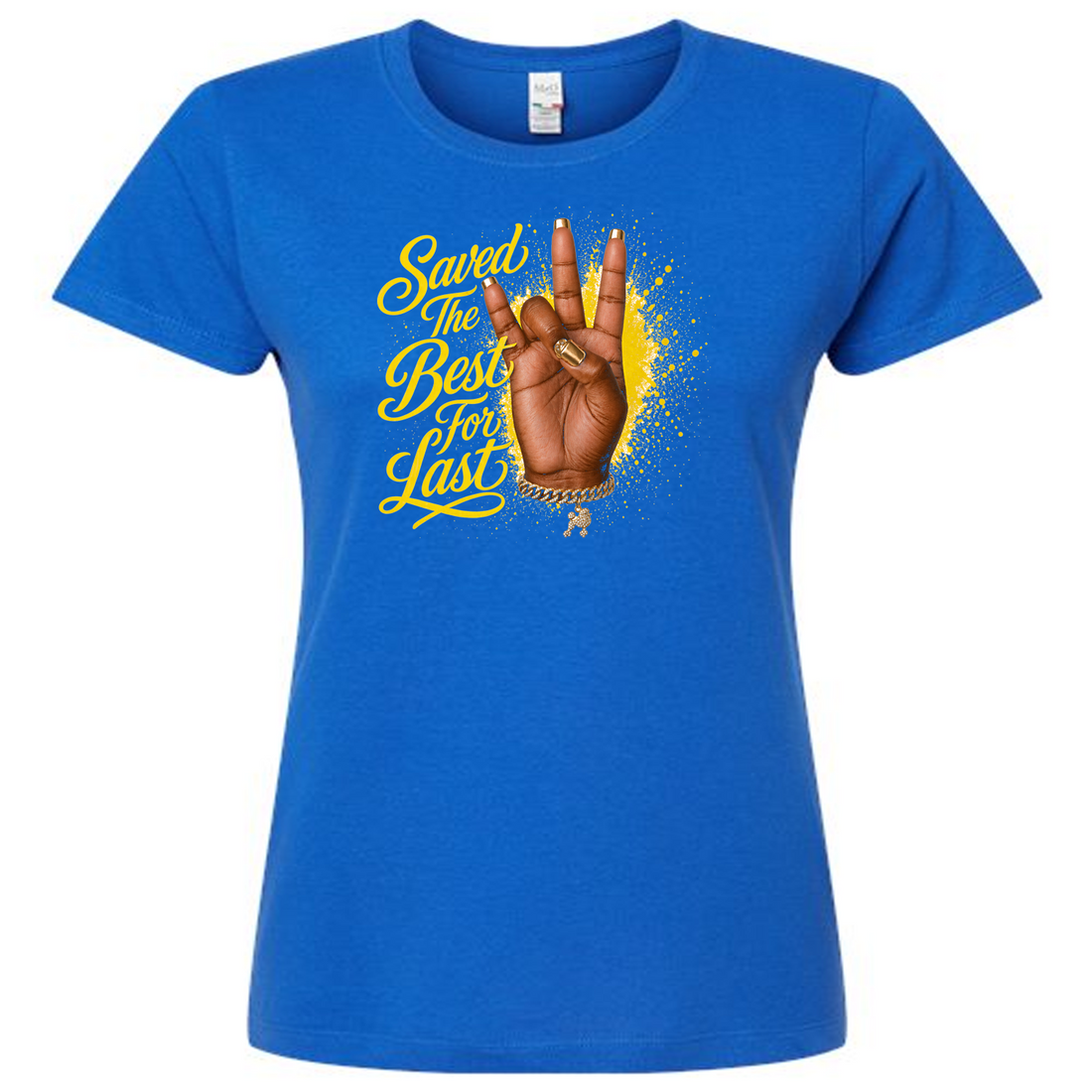 Blue t-shirt with a graphic of an sgrho hand sign and text on a white background