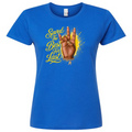 Blue t-shirt with a graphic of an sgrho hand sign and text on a white background