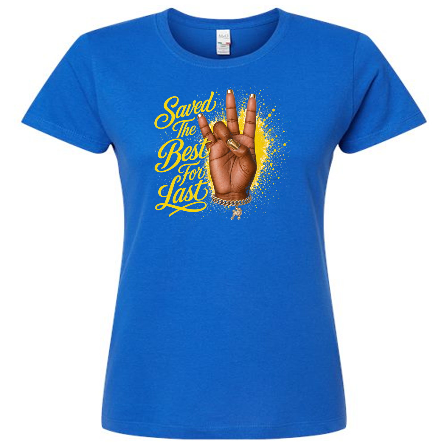 Blue t-shirt with a graphic of an sgrho hand sign and text on a white background