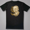 Black t-shirt with a gold graphic of a face and text on a gray background